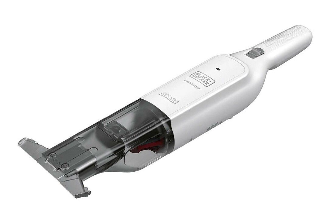 Der BLACK+DECKER Akkusauger Dustbuster Slim HLVC315B11 ist in Weiß gehalten. Er verfügt über eine integrierte XXL-Saugdüse und einen transparenten Staubbehälter. Auf dem Gerät sind das Logo und der Schriftzug "Cordless Lithium" zu sehen.
