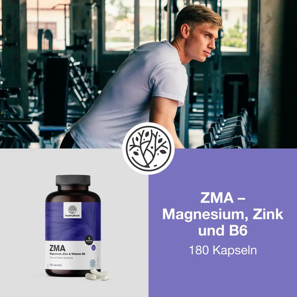 Mann im Fitnessstudio neben ZMA-Flasche. Text: HealthyWorld, ZMA, Magnesium, Zink & Vitamin B6, 180 Kapseln.