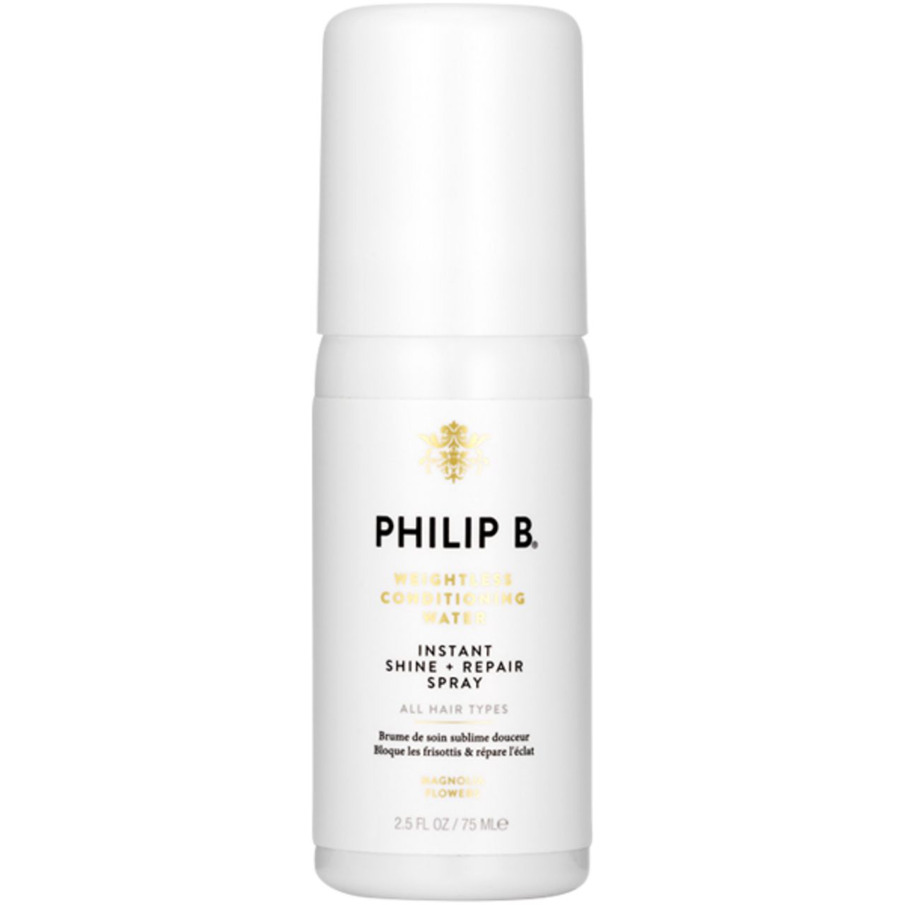 Weiße Sprühflasche mit Produktnamen und Text. Goldfarbenes Logo. Aufschrift: Instant Shine + Repair Spray.