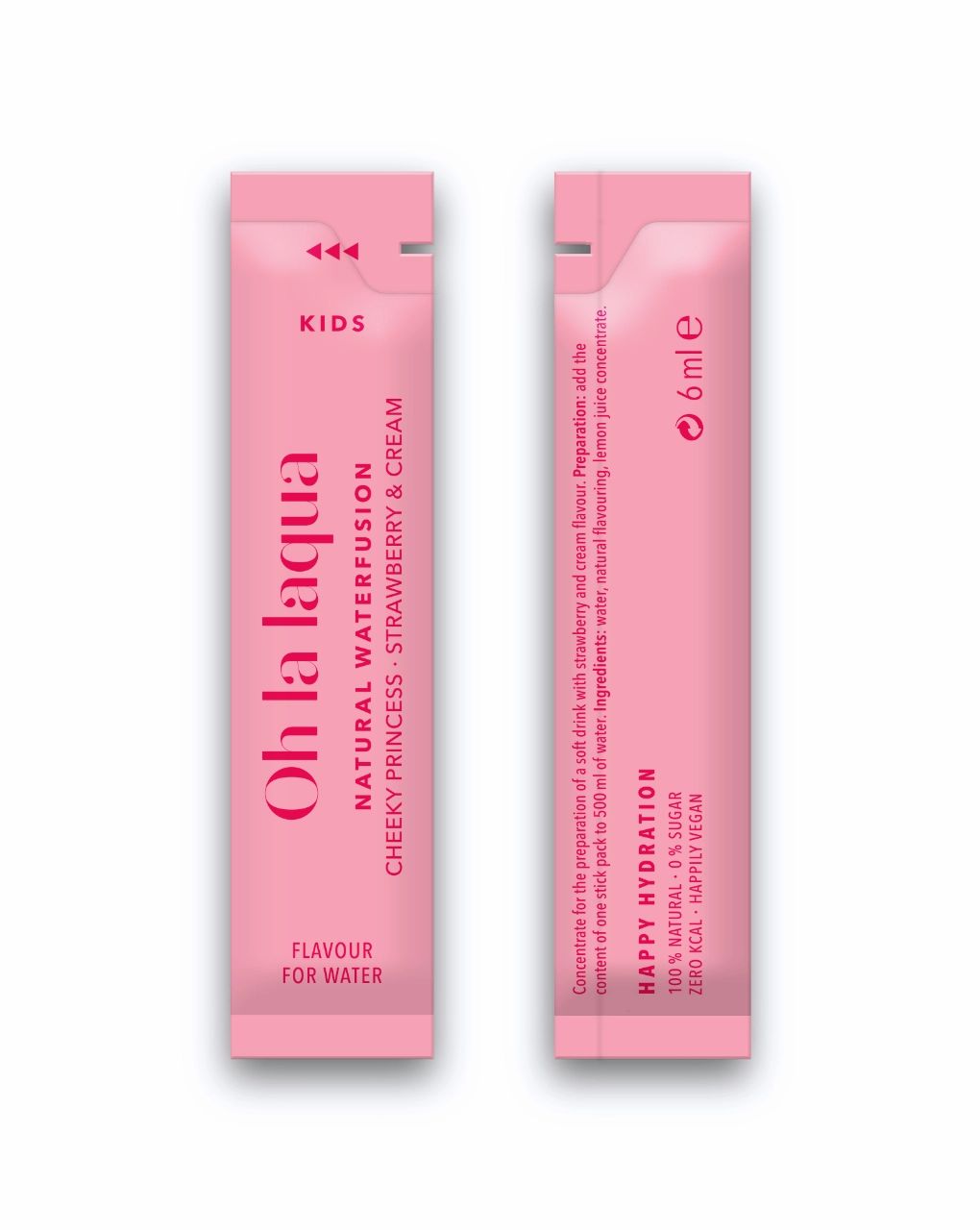 Zwei rosa Sticks mit "Oh la laqua"-Logo. Text: NATURAL WATERFUSION, CHEEKY PRINCESS, STRAWBERRY & CREAM. "FLAVOUR FOR WATER". 6ml.