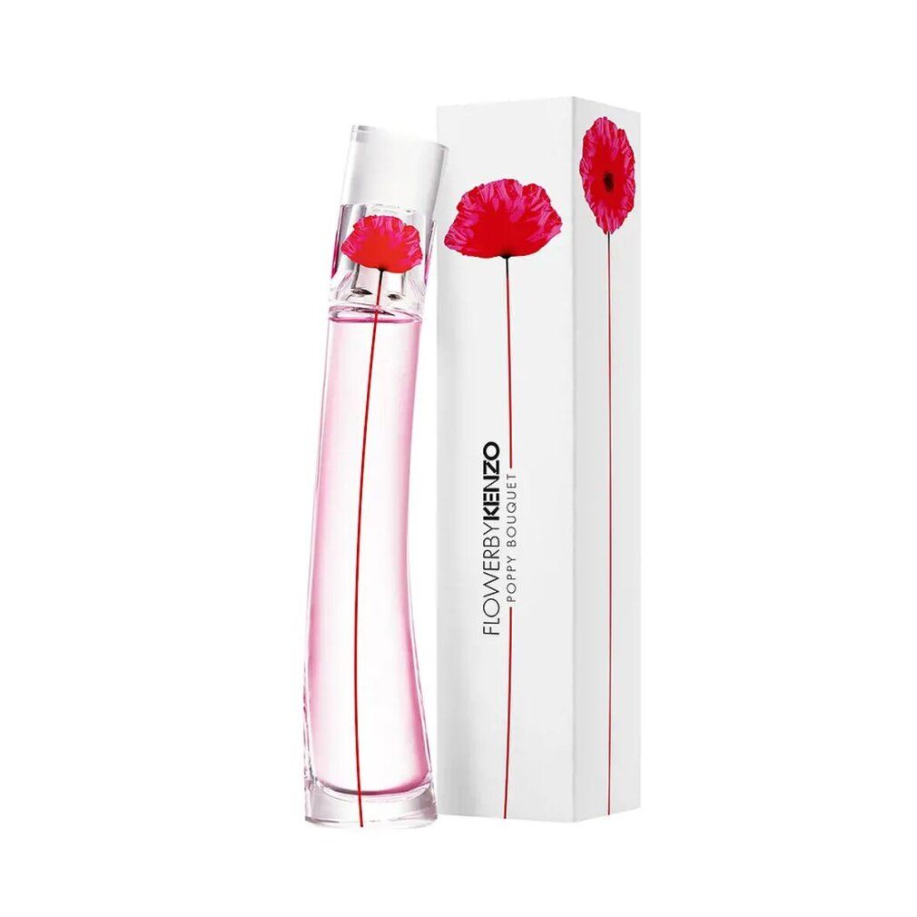 Rosa Flakon mit rotem Blütenverschluss und weißer Verpackung. Auf der Verpackung ist eine rote Mohnblume abgebildet.