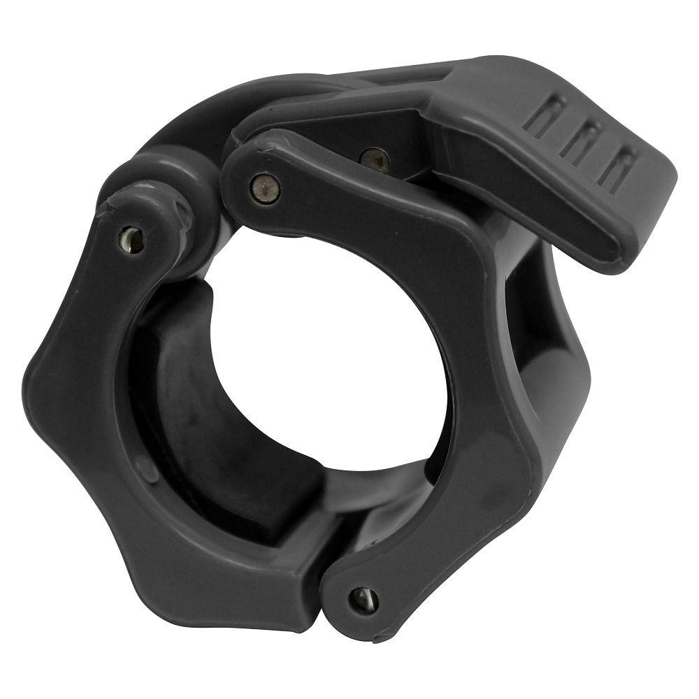 Grauer Hantelverschluss, rund, aus Kunststoff. Mit Hebel und Klemme. Detailaufnahme.