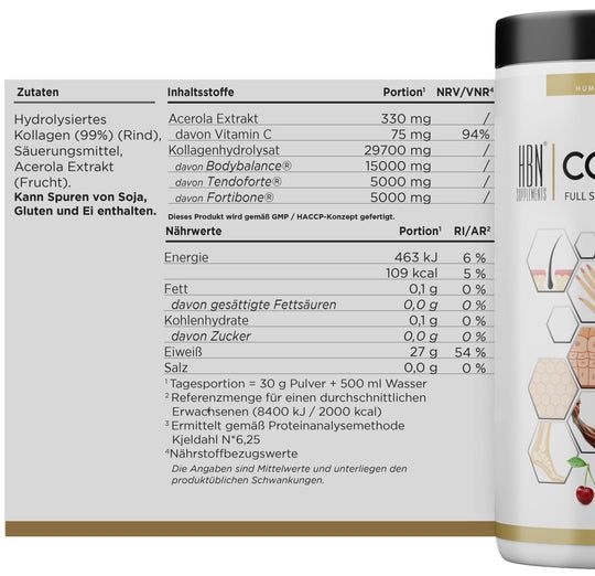 HBN Supplements Collagen+ Dose mit Zutatenliste. Enthält Hydrolysiertes Kollagen, Vitamin C, Acerola Extrakt. Nährwertangaben.