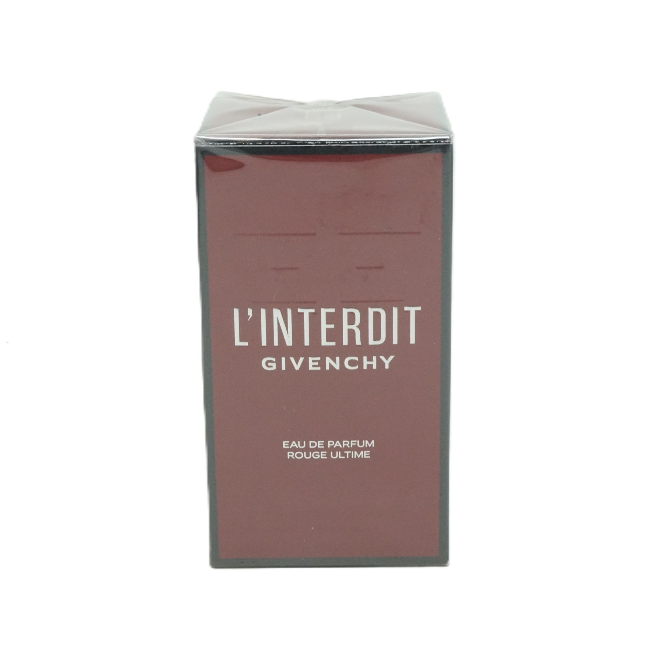 Dunkelroter rechteckiger Karton. Oben steht "L'INTERDIT GIVENCHY". Darunter "EAU DE PARFUM ROUGE ULTIME".