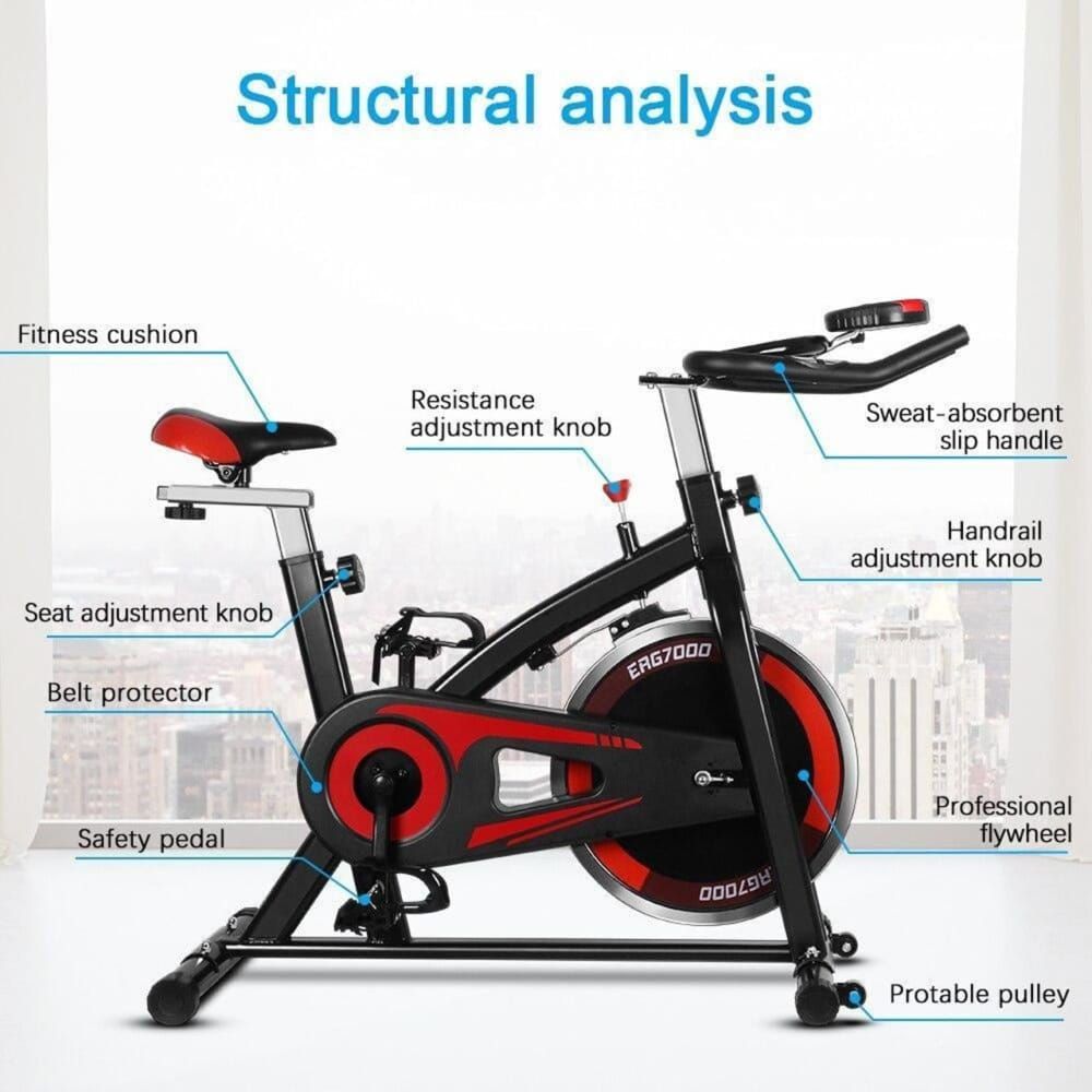 Heimtrainer-Fahrrad mit Komponenten: Sitz-, Lenkerverstellung, Sicherheits-Pedale, Schwungrad, Schweißabsorbierender Griff.