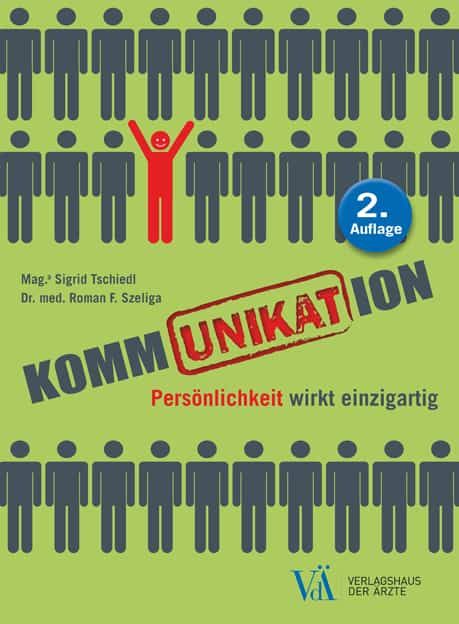 Buchcover mit dem Titel KOMMUNIKATION. Eine rote Figur mit erhobenen Armen steht vor grauen Figuren. Aufkleber: 2. Auflage.