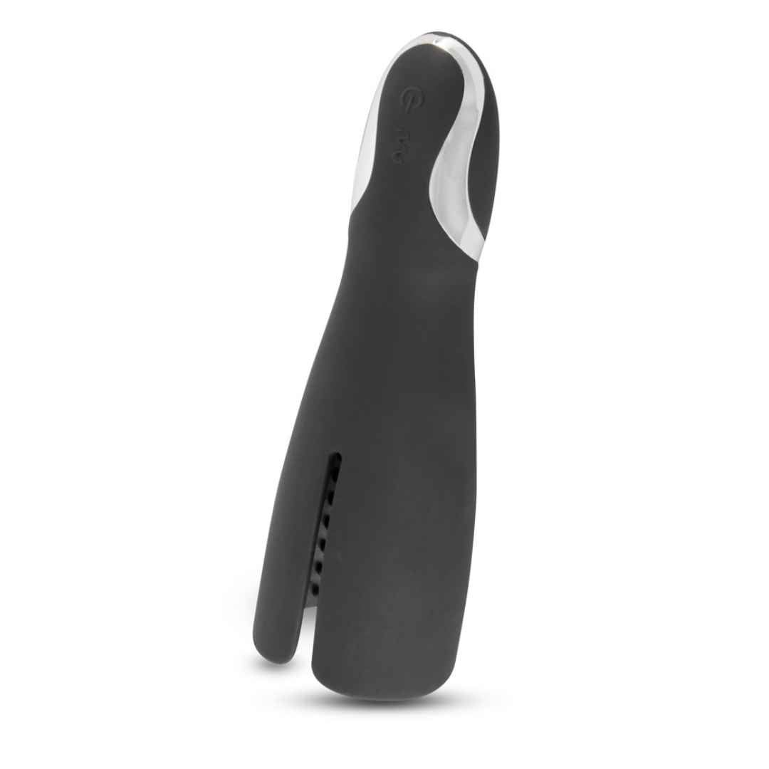 Schwarzes, ergonomisch geformtes Gerät mit weißem Akzent. Sichtbare Öffnung mit kleinen Löchern. Bedienknöpfe oben.