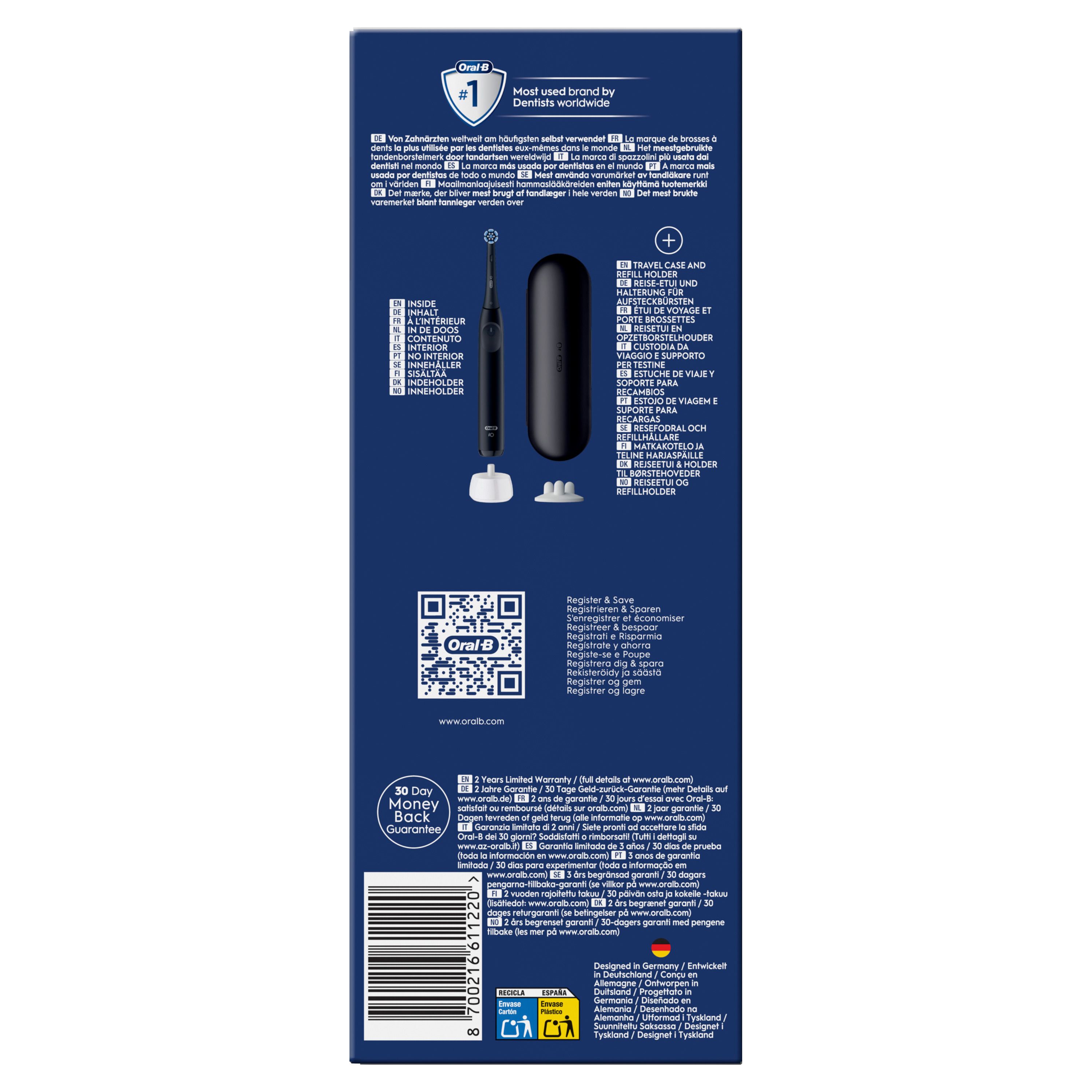 Rückseite der Verpackung der elektrischen Zahnbürste. Produktabbildung, Logos, Text in verschiedenen Sprachen, QR-Code, Garantie.