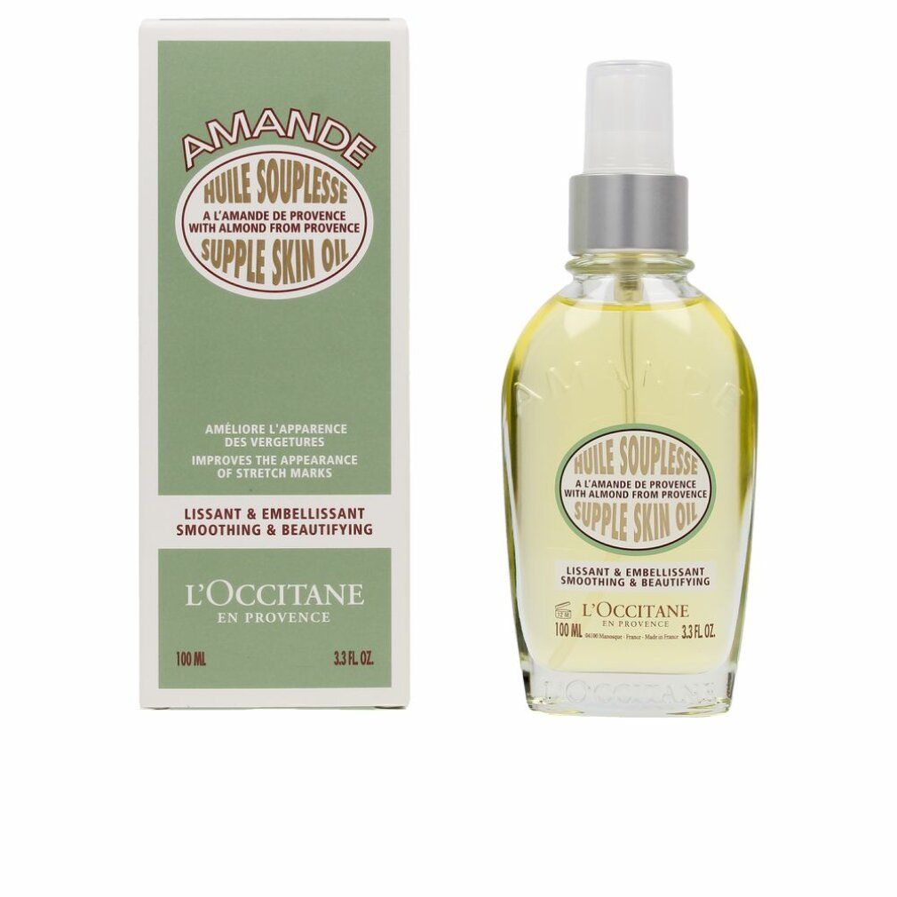 Ölflasche und Schachtel. Aufschrift: Huile Souplesse, L'Occitane. Verbessert das Erscheinungsbild von Dehnungsstreifen.