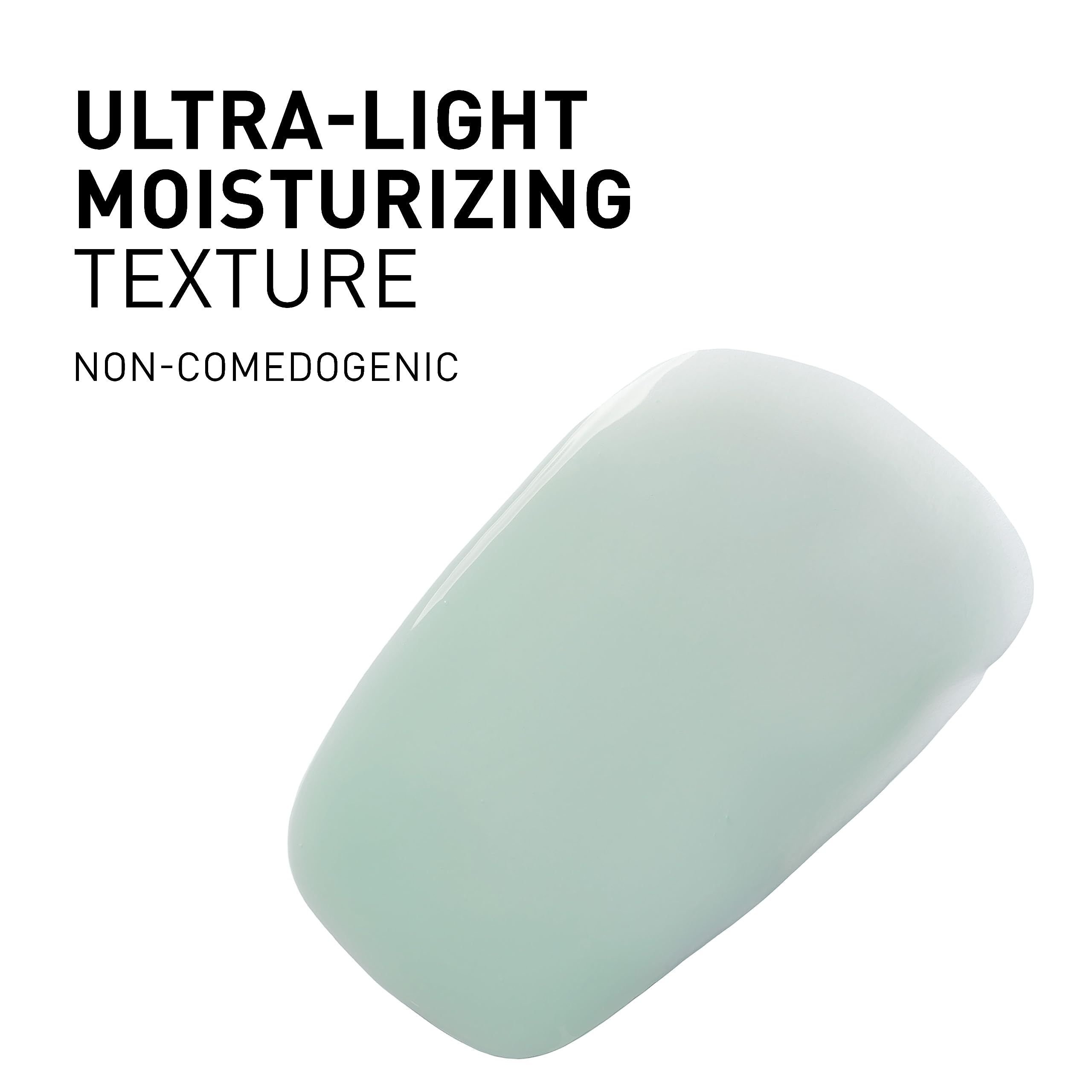 Hellgrüne, glänzende Textur. Text: Ultra-Light Moisturizing Texture, Non-Comedogenic.