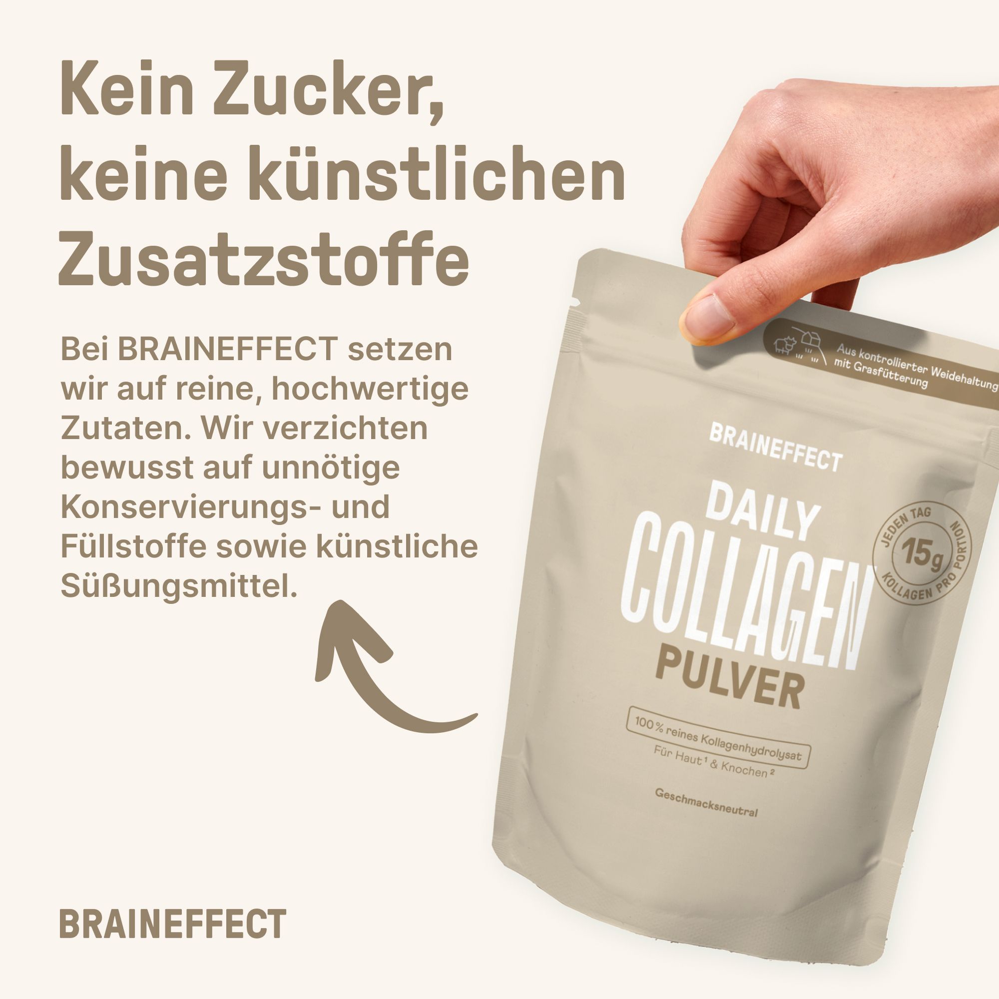 Hand hält einen Beutel BRAINEFFECT Daily Collagen Pulver. Text: Kein Zucker, keine künstlichen Zusatzstoffe.