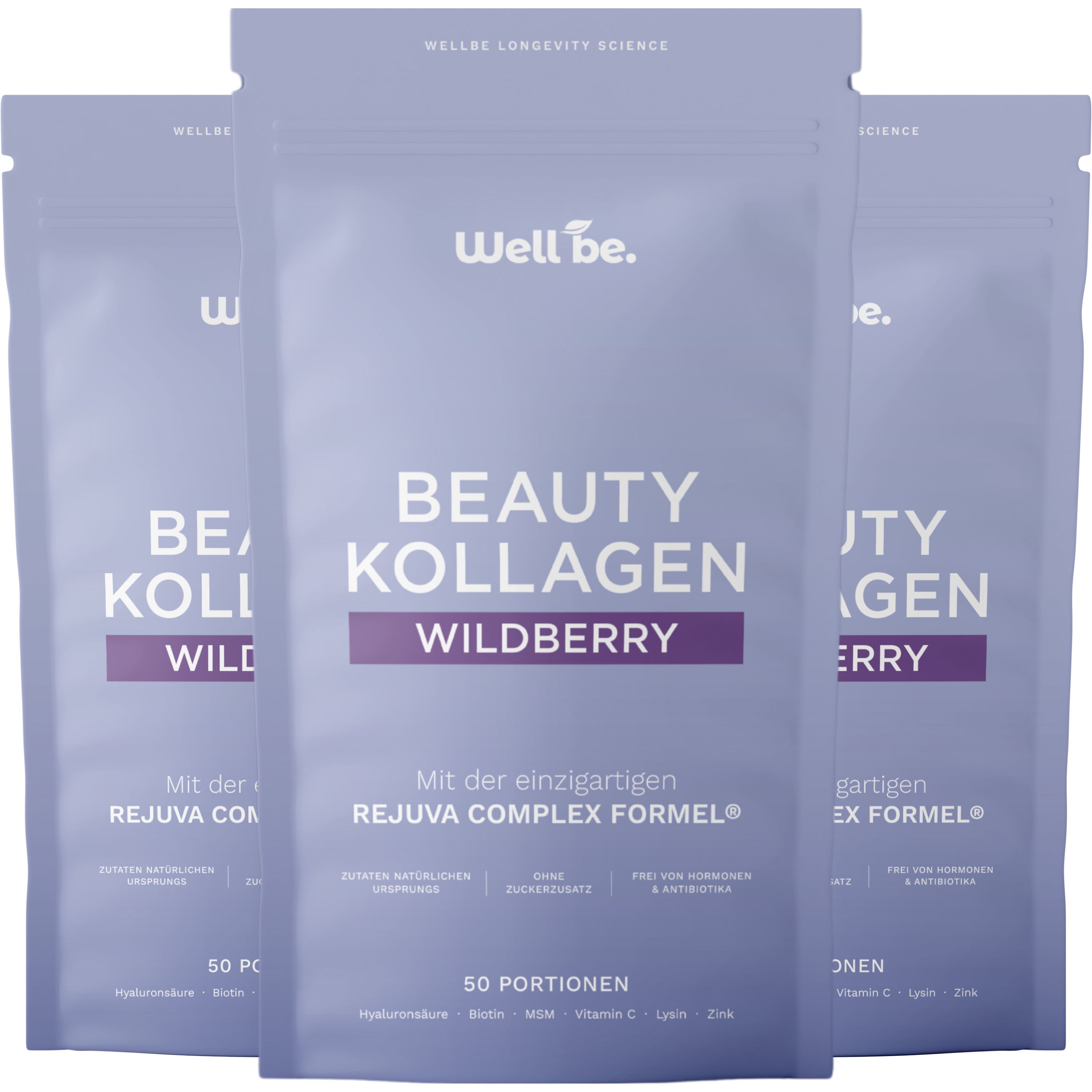 Drei Beutel Wellbe Beauty Kollagen Wildberry mit Rejuva Complex Formel.