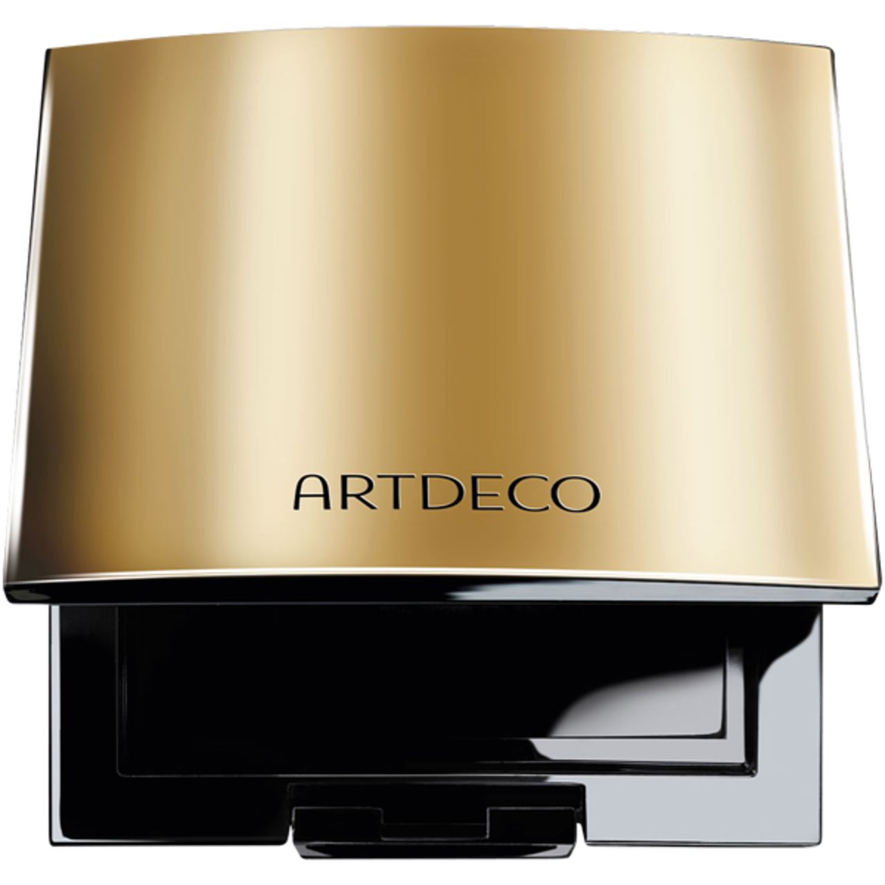 Kosmetik-Trio-Box. Goldfarbene, glänzende Hülle mit schwarzem Innenraum. Der Markenname ARTDECO ist sichtbar.