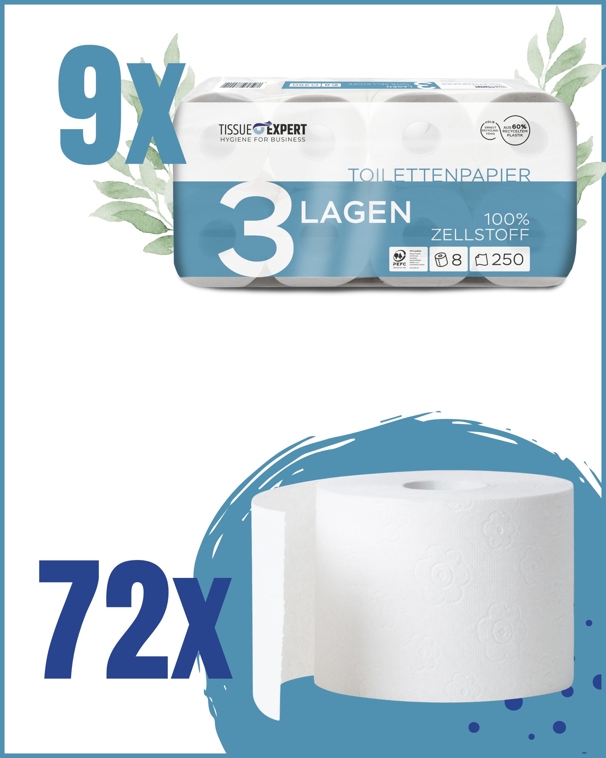 Packung Toilettenpapier, 9x. 3-lagig. 72 Rollen. Einzelne Rolle. Weißes Toilettenpapier. Produktname: Tissue Expert Toilettenpapier.