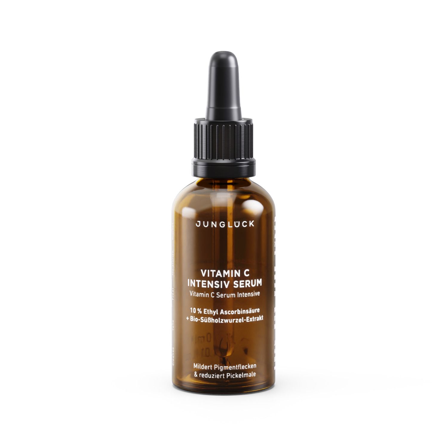 Braune Glasflasche mit schwarzem Tropfer. Beschriftung: Vitamin C Intensiv Serum. Enthält 10% Ethyl Ascorbinsäure und Süßholzwurzel-Extrakt.
