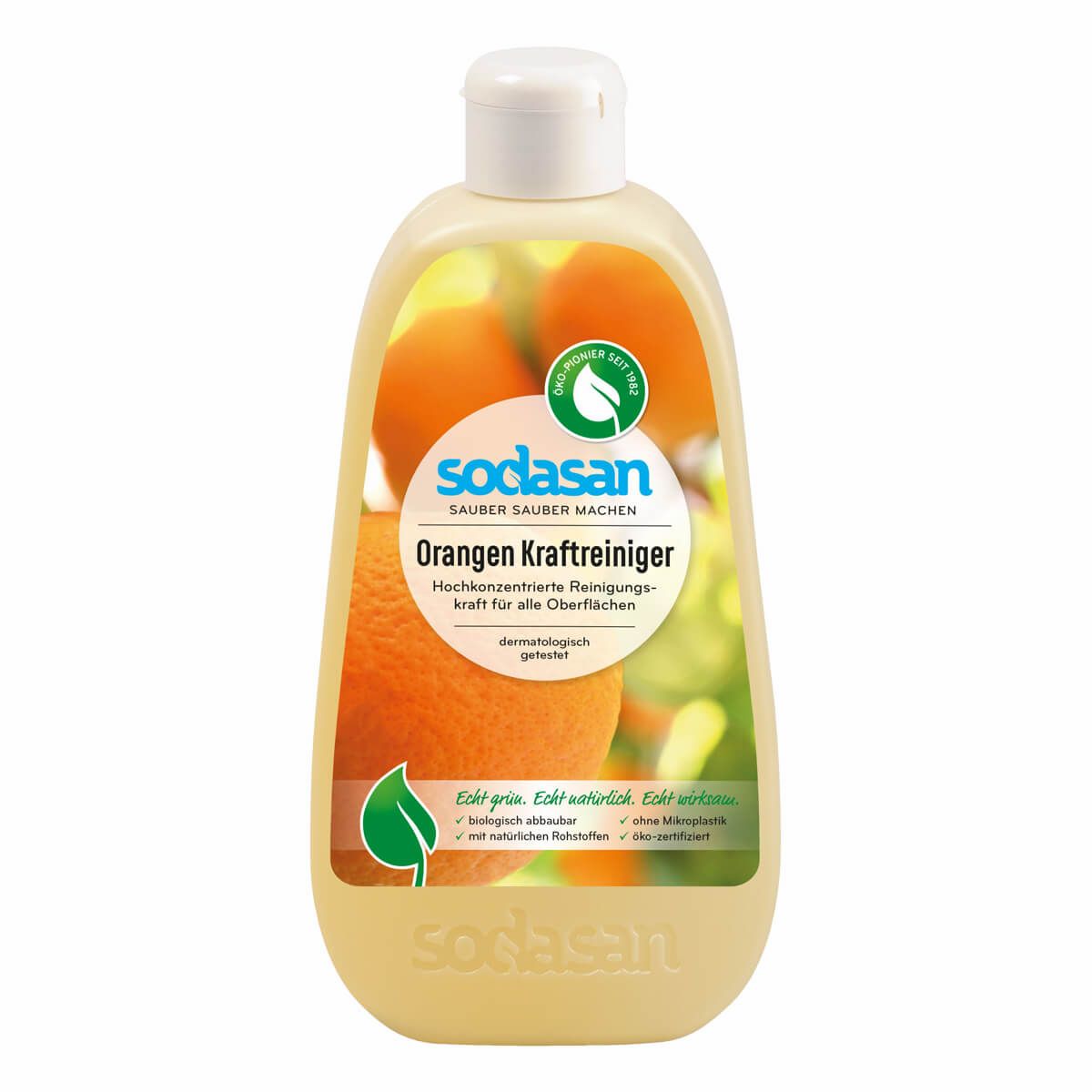 Reinigerflasche mit Orangen-Motiv. Aufschrift: Orangen Kraftreiniger. Logo mit Blatt. Text: Echt grün, echt natürlich, echt wirksam.