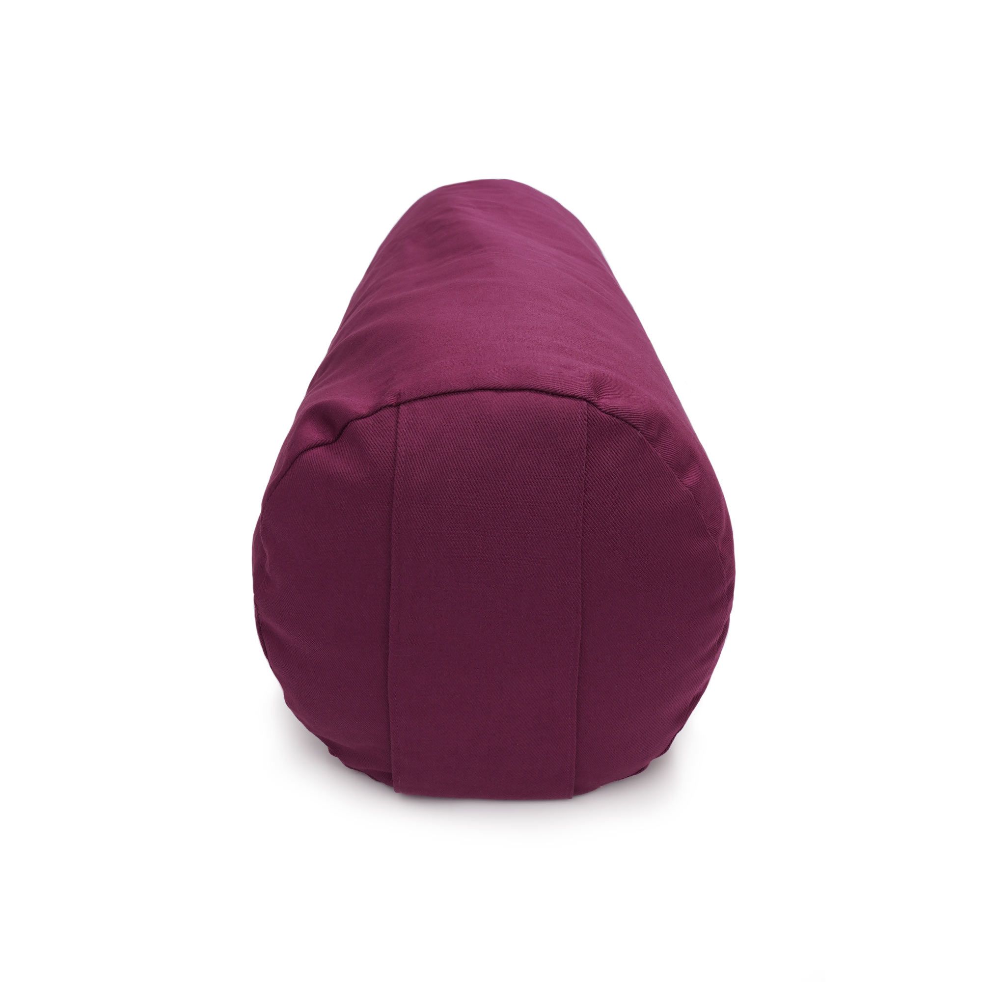 Endansicht eines auberginefarbenen Yoga Bolsters, zylindrisch.