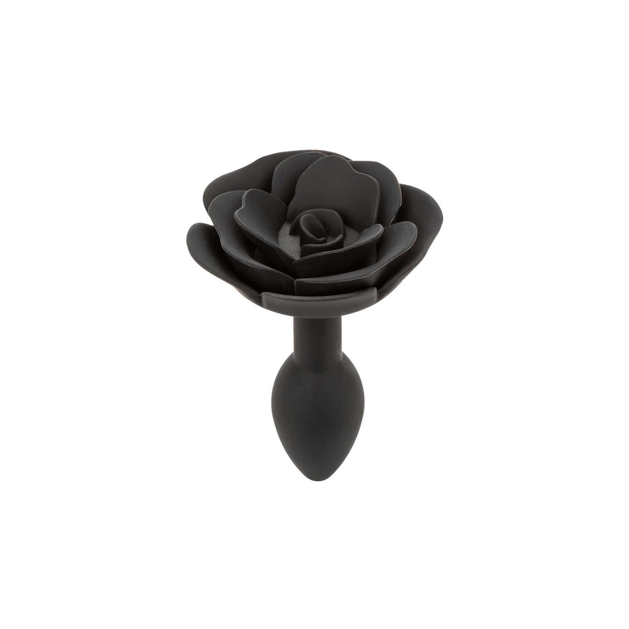 Schwarzer Anal Plug in Rosenform. Der Plug hat eine runde Basis und eine längliche Spitze.