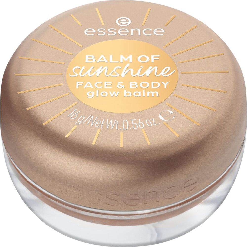 Runder Tiegel mit goldfarbenem Deckel. Aufschrift: Balm of Sunshine, Face & Body Glow Balm. Marke: essence. Inhalt: 16 g / Net Wt. 0.56 oz.