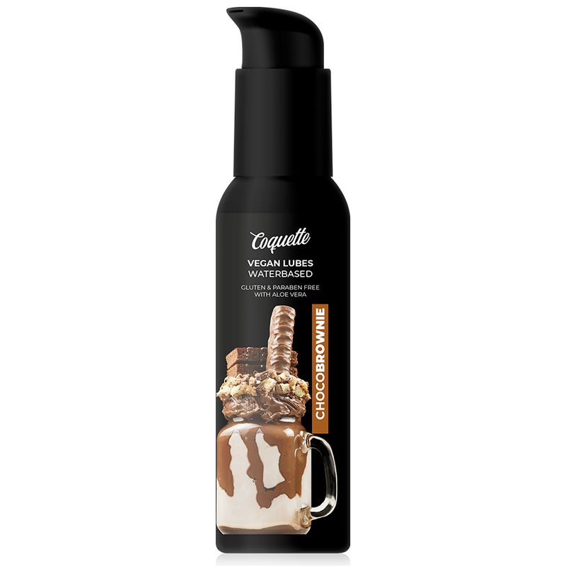 Schwarze Flasche mit Pumpe. Aufschrift: Coquette, Vegan Lubes Waterbased, ChocoBrownie. Abbildung eines Milchshakes.