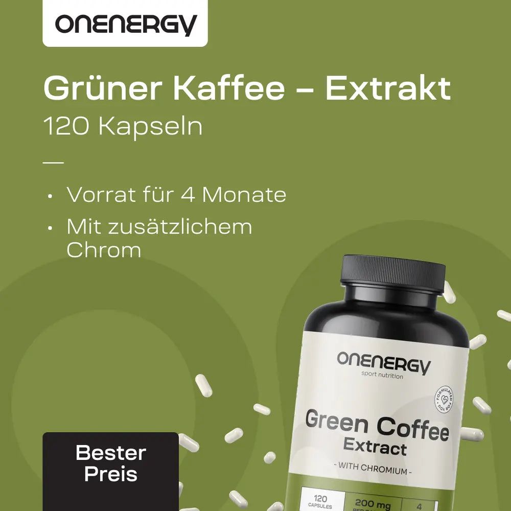 Flasche mit 120 Kapseln OnEnergy Grüner Kaffee Extrakt mit Chrom.