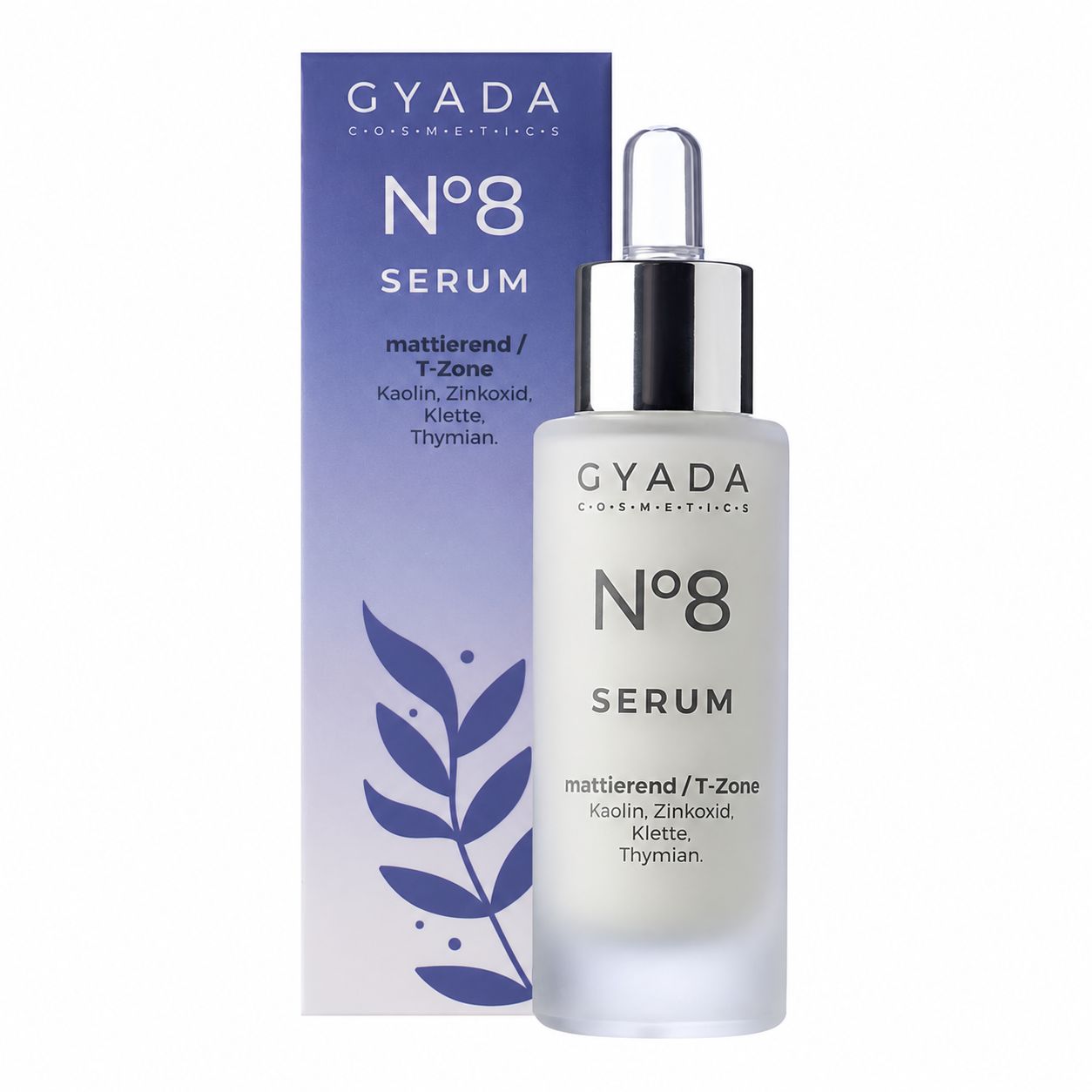 Gyada Cosmetics N°8 Serum in einem Glasflakon mit Pipette und Faltschachtel.