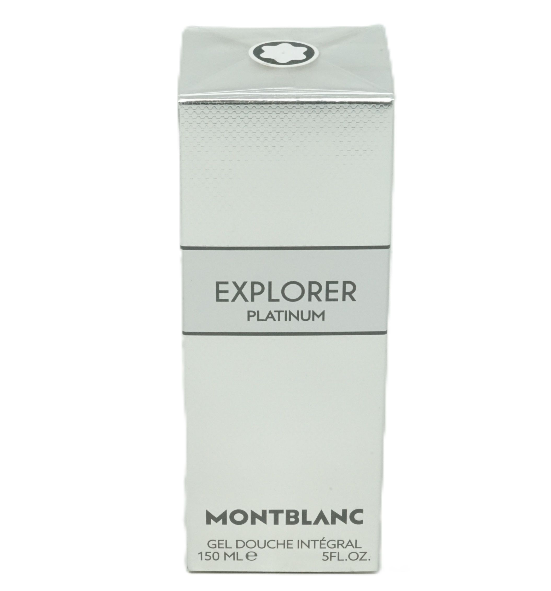 Weißer Karton mit MONTBLANC-Logo. Aufschrift: EXPLORER PLATINUM und MONTBLANC. Gel Douche Integral.