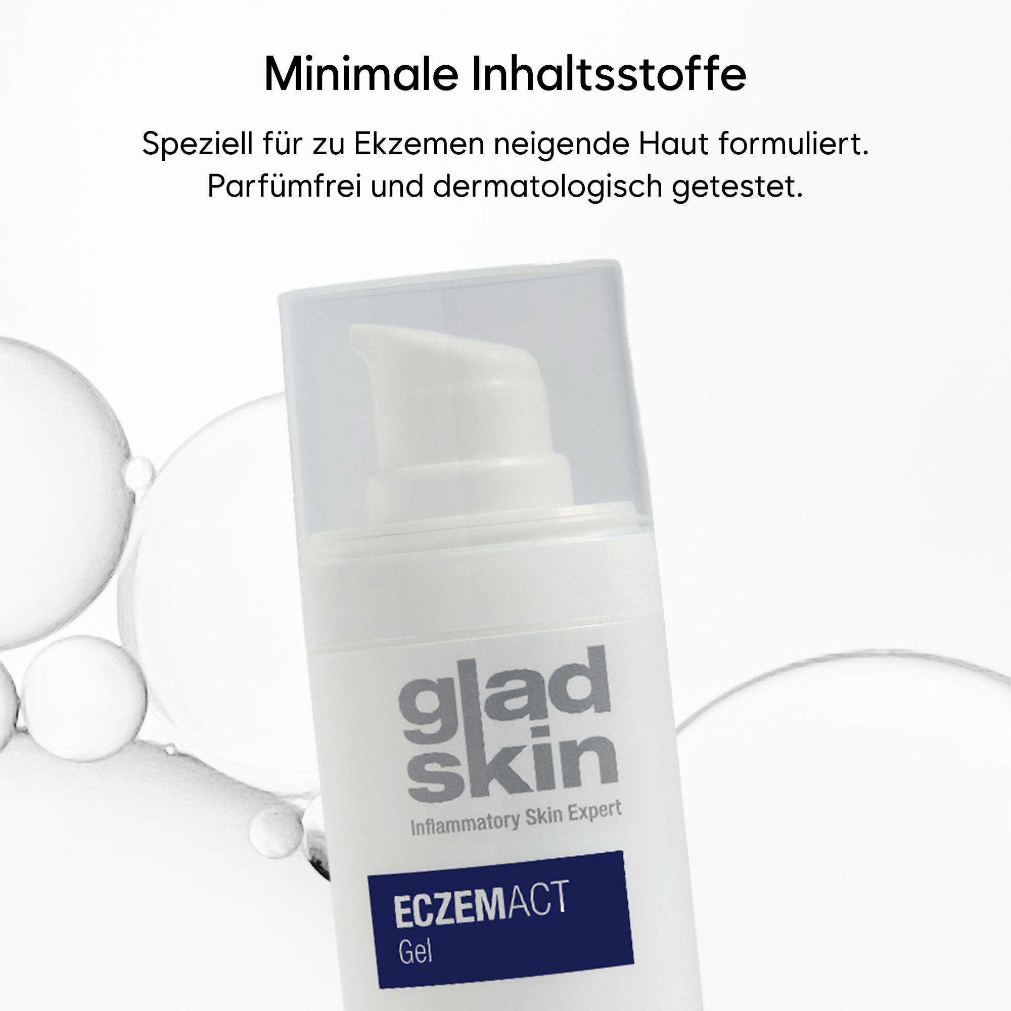 Nahaufnahme einer weißen Flasche mit Pumpverschluss. Aufschrift: Gladskin Eczemact Gel. Text: Minimale Inhaltsstoffe, parfümfrei, dermatologisch getestet.