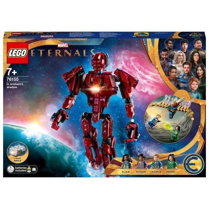 Set LEGO con figura rossa, personaggi e confezione. Include le minifigure di Ajak, Kingo, Ikaris e Sersi. Età consigliata: 7+