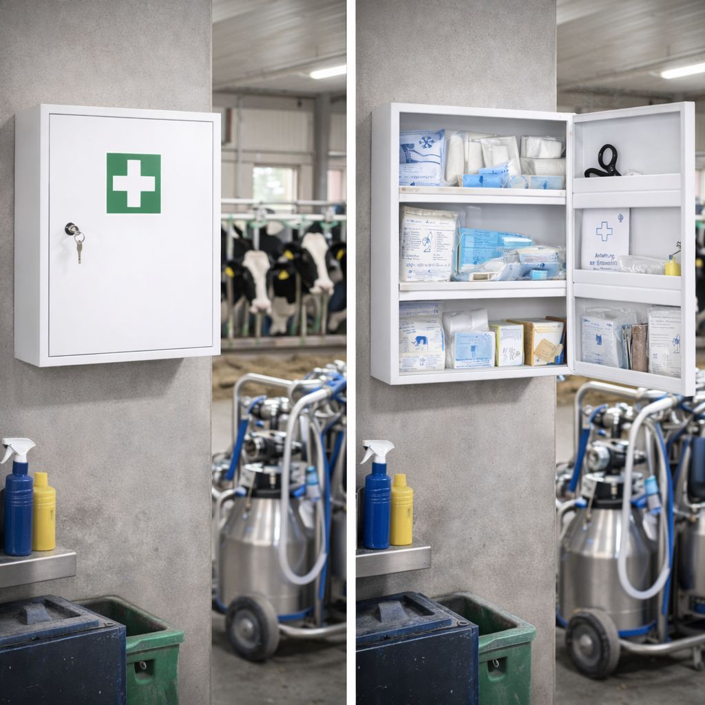 Zwei Verbandschränke an der Wand. Links geschlossen, rechts geöffnet. Gefüllt mit Verbandsmaterial. Kühe im Hintergrund.