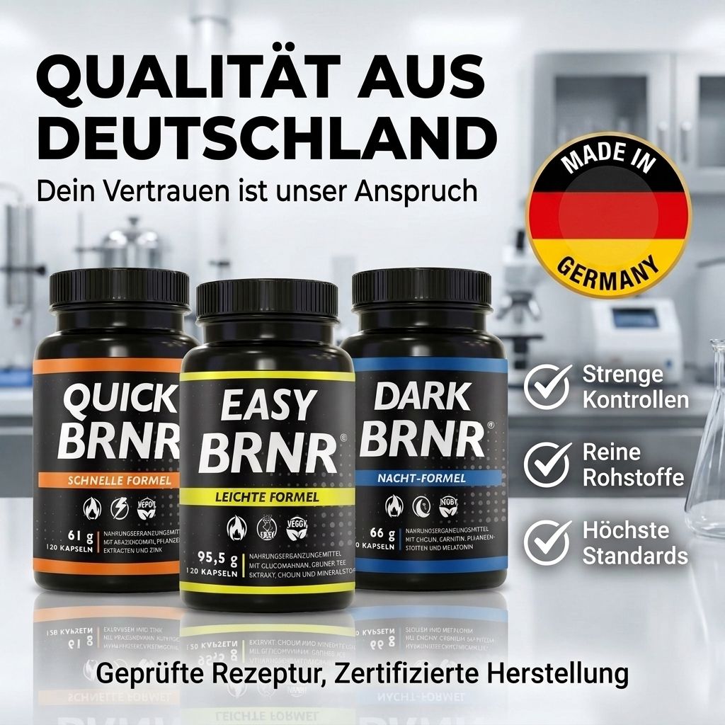 Drei BRNR-Flaschen (Quick, Easy, Dark) mit "Qualität aus Deutschland" Siegel.