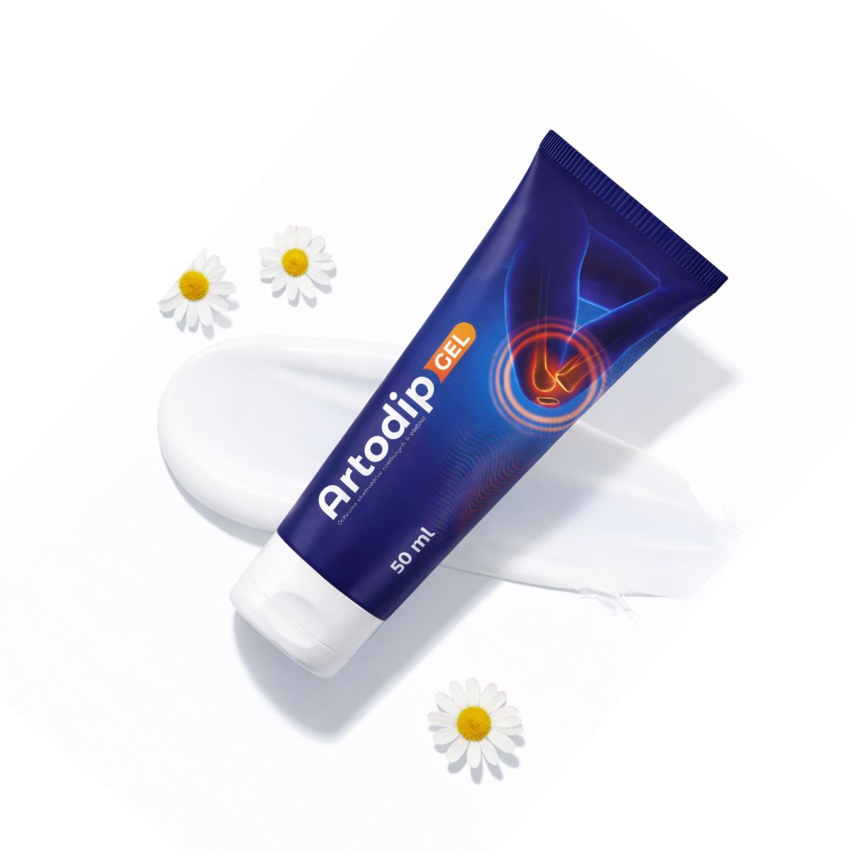 Tube mit Produktnamen und Logo, umgeben von weißem Gel und Gänseblümchen.