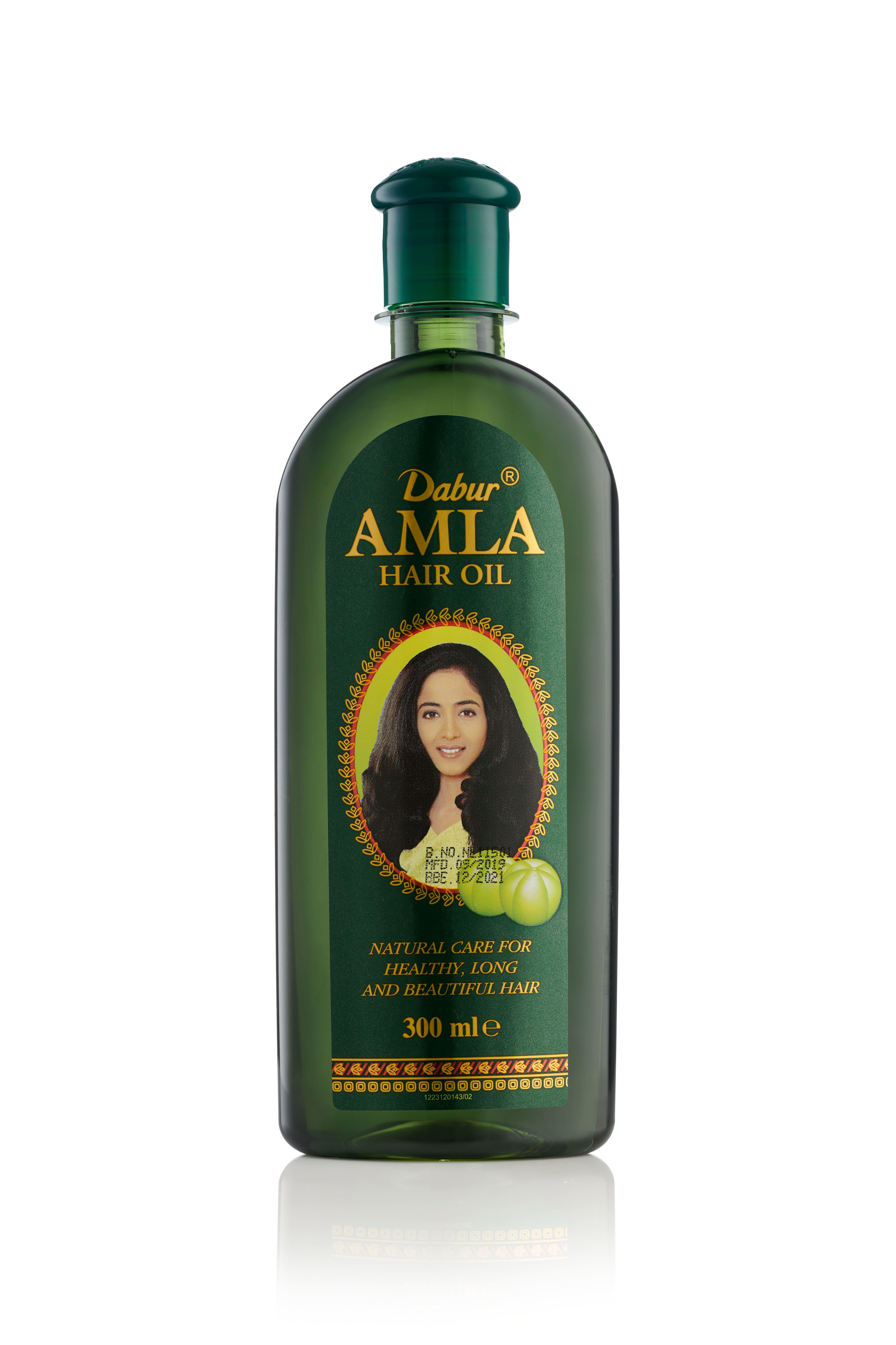 Grüne Flasche mit Dabur Amla Haaröl-Etikett. Zeigt eine Frau mit langen Haaren und Text. 300 ml.