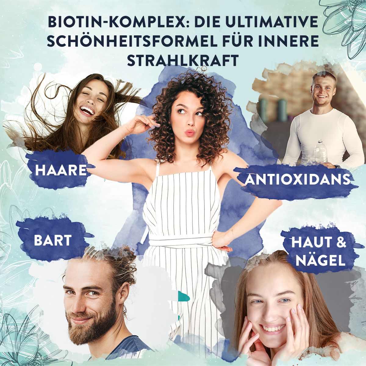 Grafik mit Personen und Symbolen. Enthält die Wörter: Haare, Bart, Haut & Nägel, Antioxidantien. AAVALABS Logo.