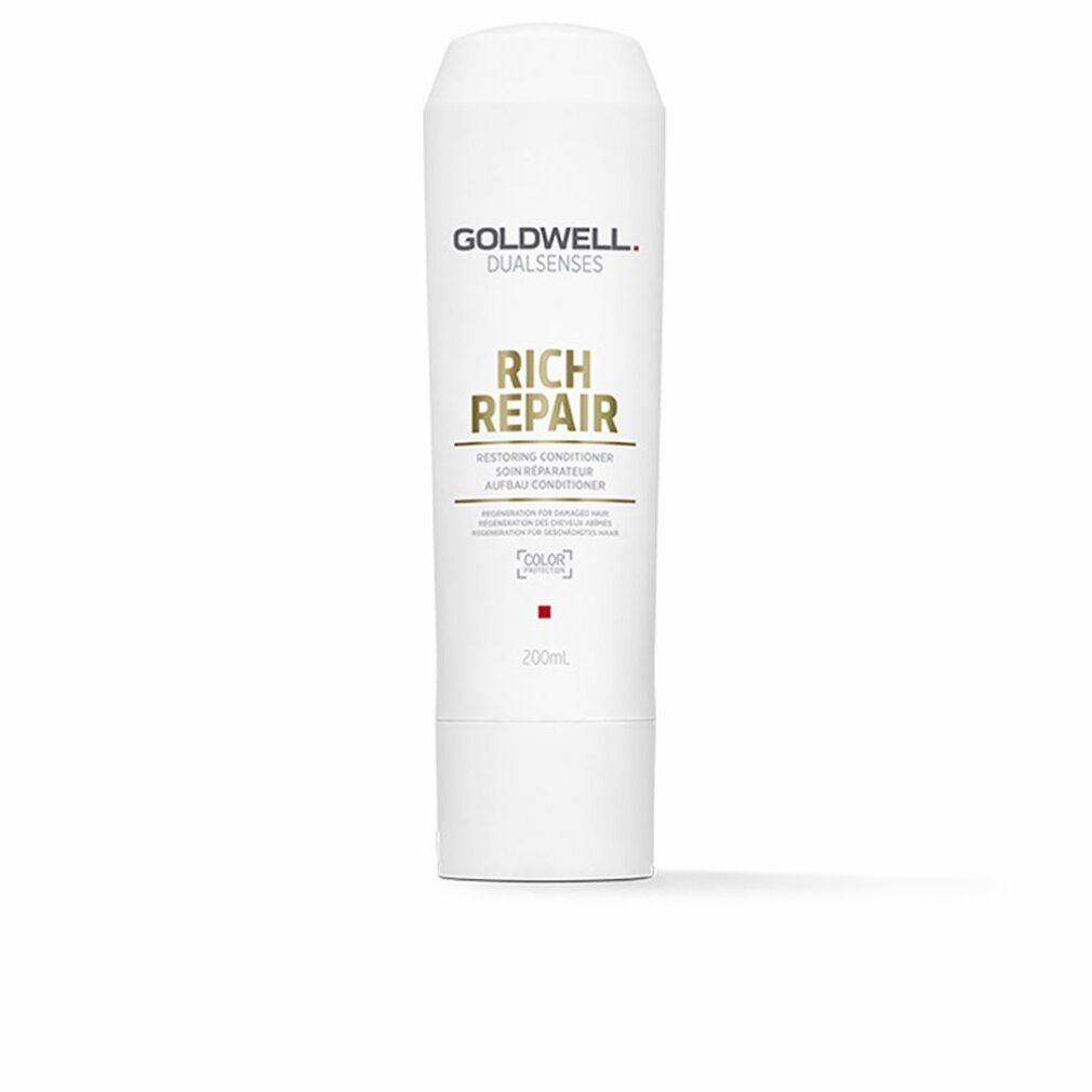 Weiße Flasche Goldwell Dualsenses Rich Repair Conditioner. Text: Rich Repair, Restoring Conditioner, 200ml.
