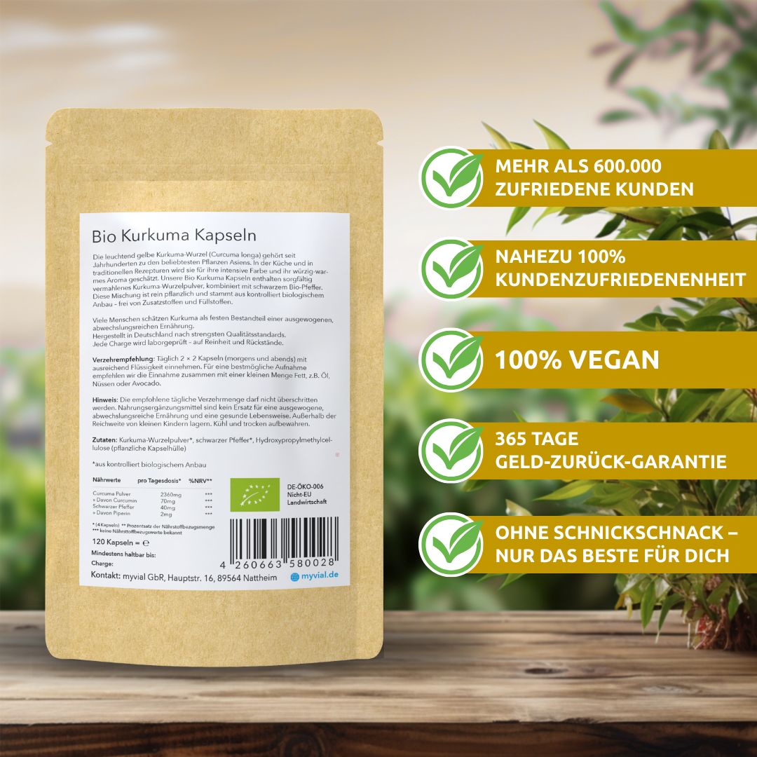 myvial® Bio Kurkuma mit schwarzem Bio Pfeffer Komplex Kapseln - Curcumin - 2360 mg hochdosiert