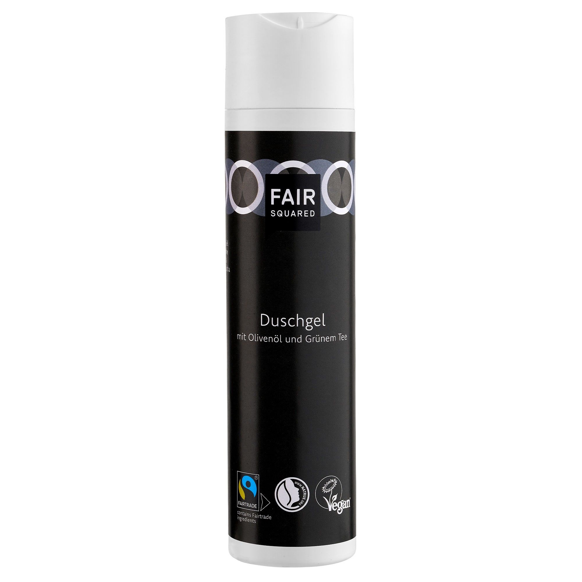 Duschgel-Flasche, schwarz mit weißem Deckel. Aufschrift: FAIR SQUARED, Duschgel mit Olivenöl und Grünem Tee. Vegan-Siegel.
