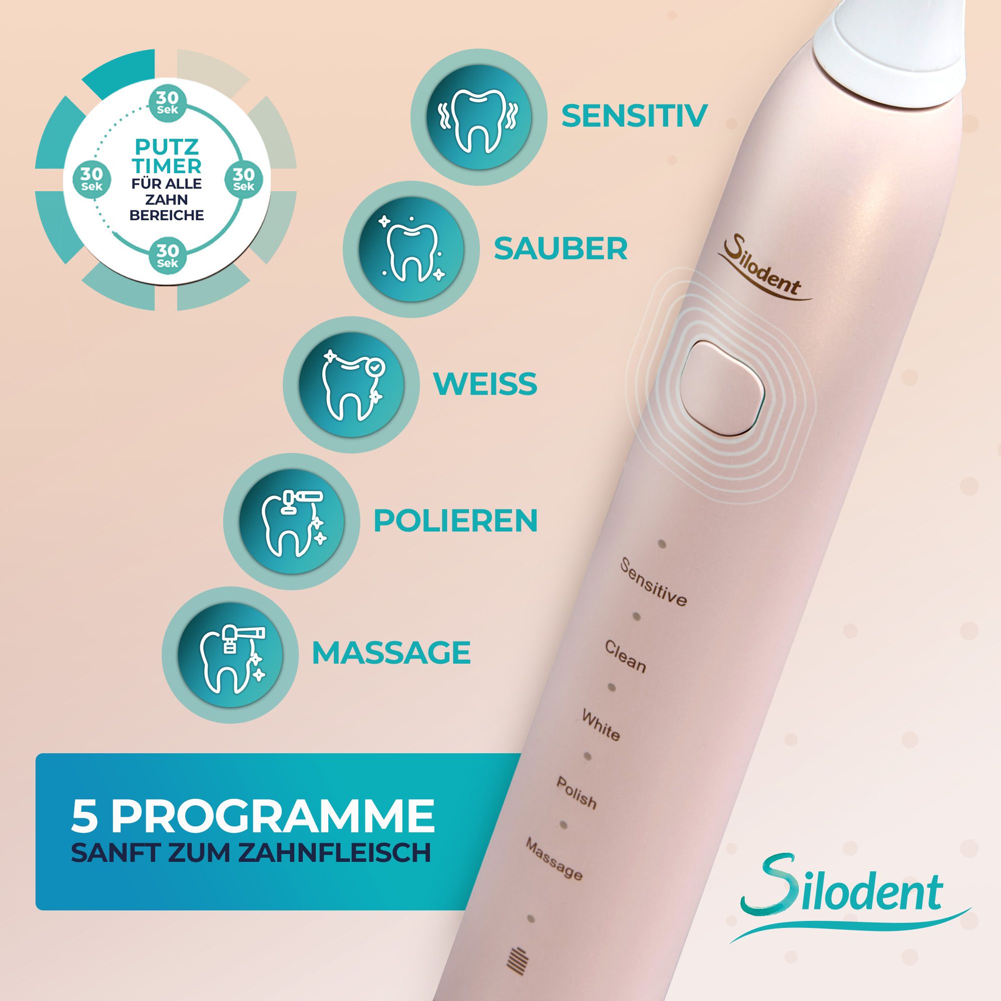 Silodent Schallzahnbürste Champagne mit antiseptischen Borsten und fünf Programmen