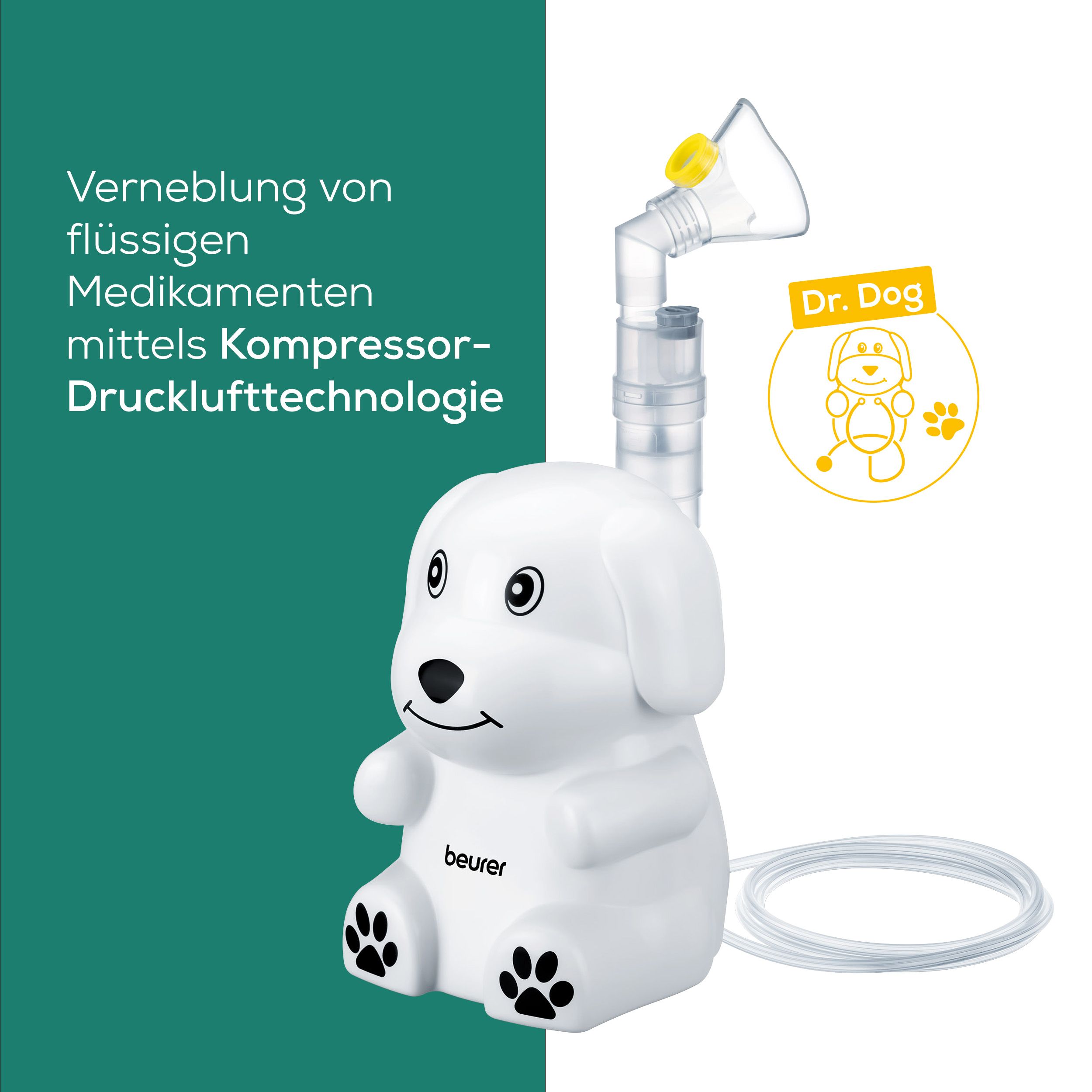 Weißer Inhalator in Hundeform. Text: Vernebelung von flüssigen Medikamenten mittels Kompressor-Drucklufttechnologie. Logo: Dr. Dog.