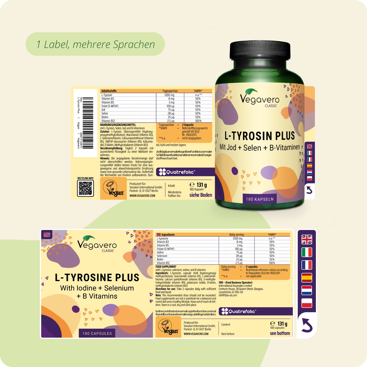 Veggavero L-Tyrosin Plus Flasche und Etiketten mit Nährwertangaben in mehreren Sprachen.