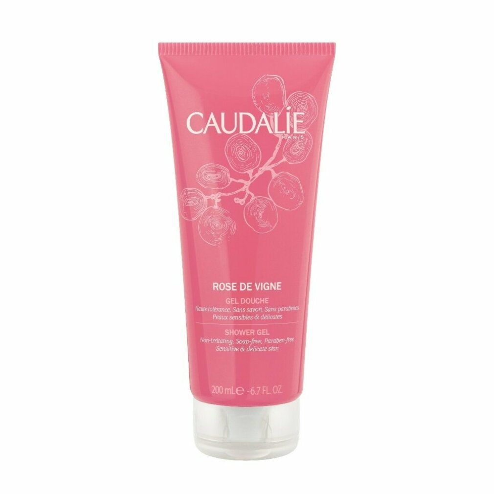 Rosa-de-Vigne-Duschgel-Tube. Rosa Tube mit weißem Verschluss. Caudalie-Logo und Produktbezeichnung.