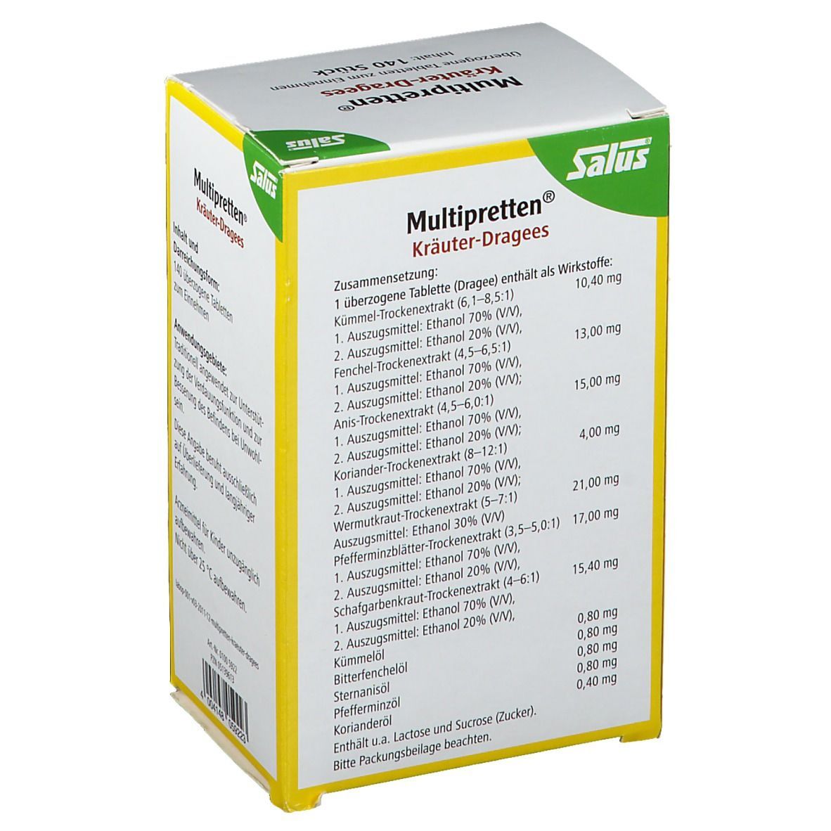 Karton von Salus® Multipretten® Kräuter-Dragees. Text: Zusammensetzung, Inhaltsstoffe, Dosierung.