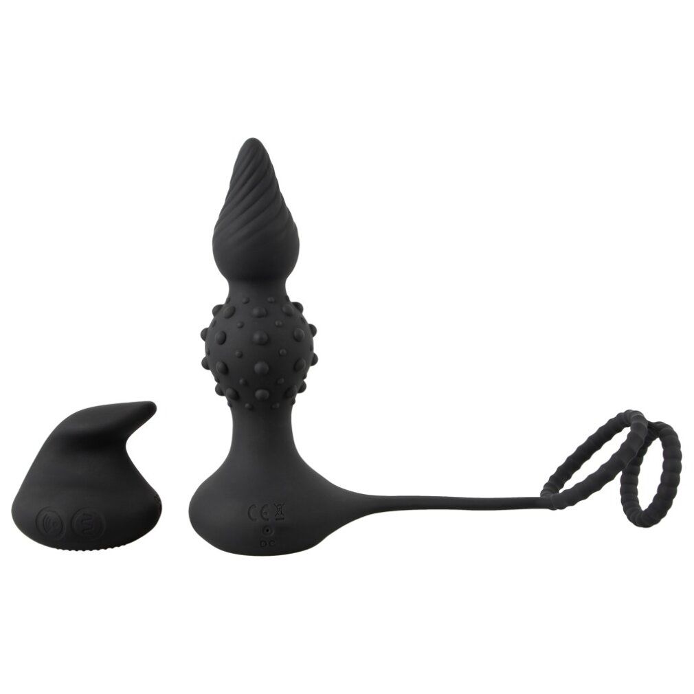 Schwarzes Wellness-Produkt mit Penisring und separatem Aufsatz. Mit strukturierten Oberflächen.