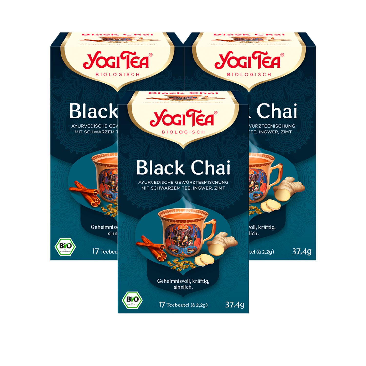 Drei Packungen Yogi Tea Black Chai. Schwarze Tee-Gewürzmischung. Bio-Siegel. 17 Teebeutel. 37,4g.