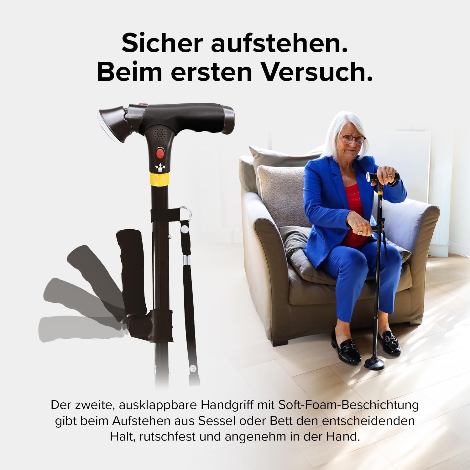 DR-HO'S Get Up & Go Gehstock mit LED-Licht, Alarmknopf & 4-Punkt-Standfuß