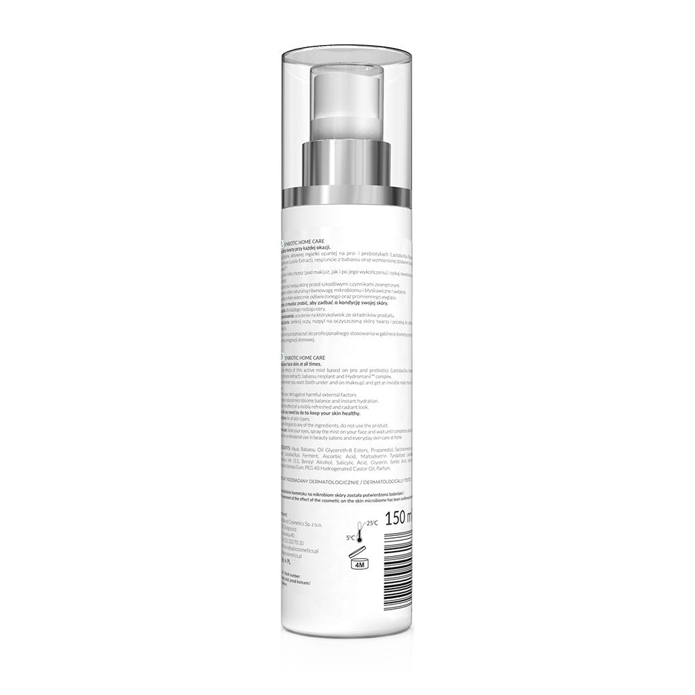 Rückseite der Gesichtsspray-Flasche. Weißes Etikett mit Text. Barcode und Volumenangabe.