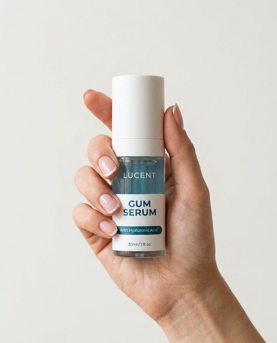 Hand hält Flasche Zahnfleischserum. Flasche mit blauem Serum, weißem Deckel. Aufschrift "LUCENT", "GUM SERUM".