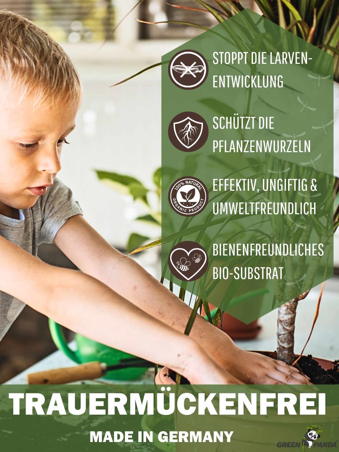 Kind gießt Pflanze mit GreenPanda Trauermückenfrei. Text: Stoppt Larven, schützt Wurzeln, effektiv, umweltfreundlich, bienenfreundlich.