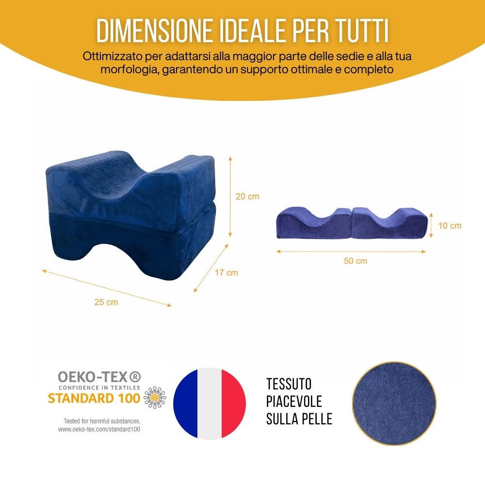 Schema: dimensioni del cuscino per ginocchia. Misure in cm: 25x20x17. Certificazione: OEKO-TEX Standard 100.