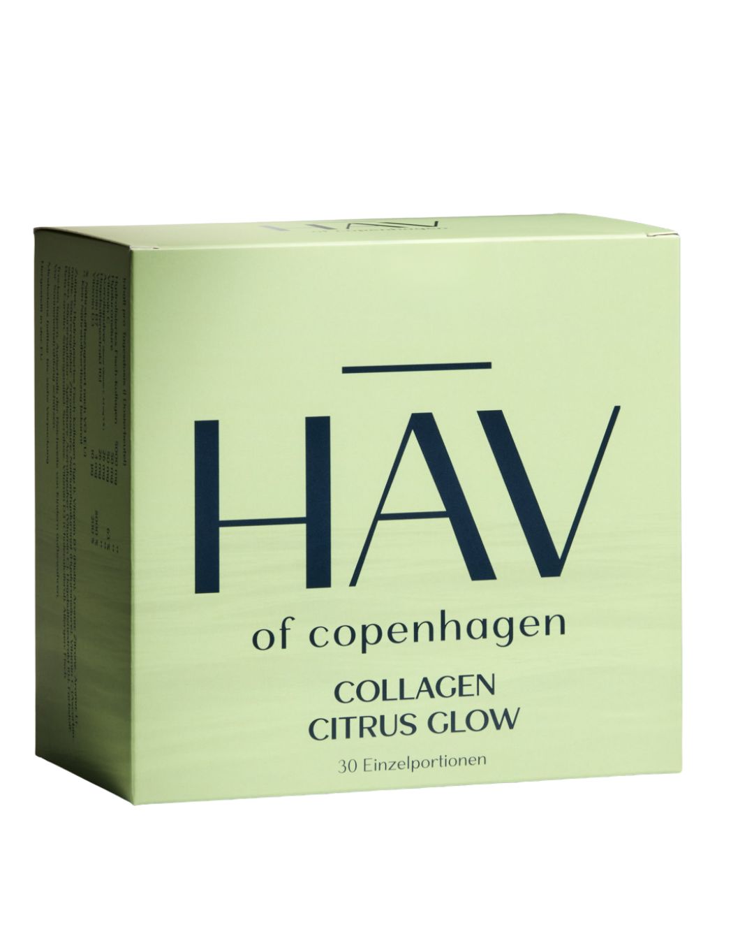 Hellgrüne Schachtel mit HAV-Logo und Schriftzug COLLAGEN CITRUS GLOW. 30 Einzelportionen.